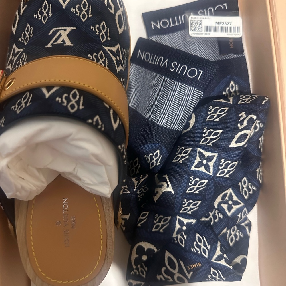 Louis Vuitton Navy and Cream Monogram Mules & head band to match